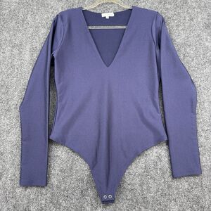 Good American Bodysuit Blue Long Sleeve Deep V Stretch Snap Closure Size 4